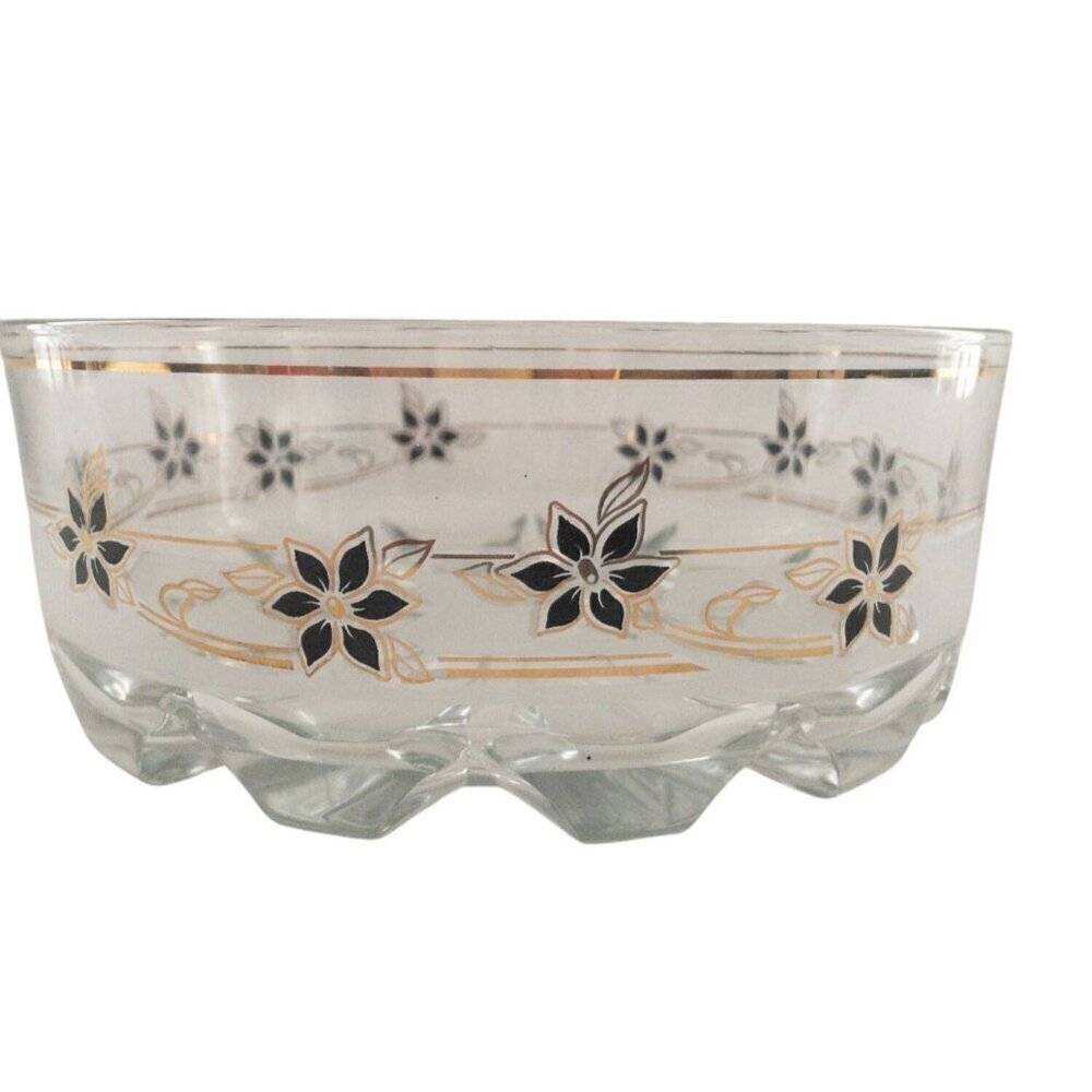 Vintage MCM Retro Italian Glass Bowl Black and Gold Floral 1960's Home Design